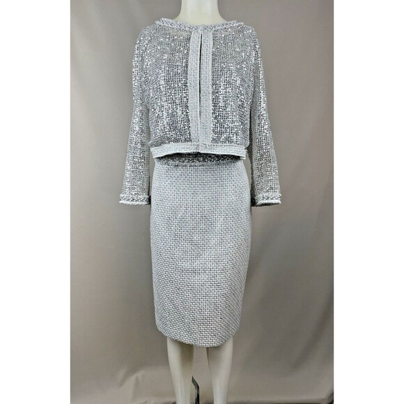 Kay Unger Sequin Sheath Dress Suit Women's 14 White Silver Formal Career Retro - Picture 2 of 16